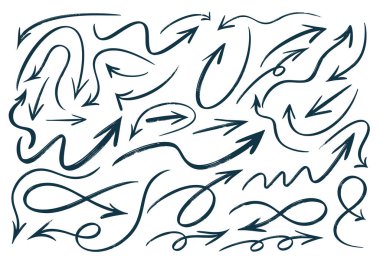 El çizimi, fırça stili, ok vektör simgeleri. Farklı yönlerde ve farklı yönlerde. Siyah oklar. İş planı ve eğitim için ok tasarımı taslağı. Çember vektörü, döndürme oku, işlem simgesini yeniden yap.