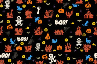 Kusursuz bir Cadılar Bayramı. Şablon Cadılar Bayramı partisi. Hayalet, kasvetli kale, balkabağı ve karanlık bir arka planda yarasa. Çizgi film renkli desen. Kusursuz desenli ürkütücü bayramın vektör çizimi.