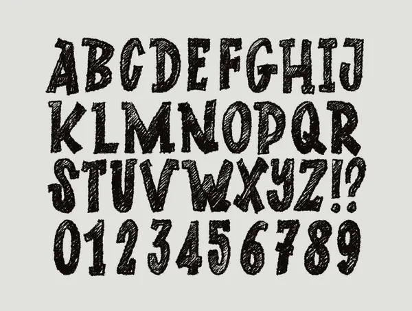 Büyük harf numaralarıyla sıkıntılı grunge alfabe vektörü. Kabataslak desenli yazı tipi, elle çizilmiş mürekkep darbeleri, kuru fırça stili, kalın kusurlu tipografi tasarım unsurları. Vektör grung yazı tipi.
