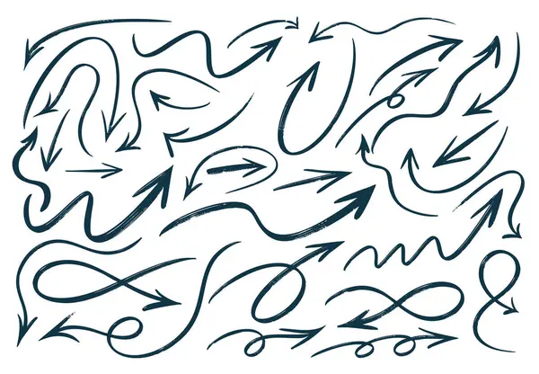 El çizimi, fırça stili, ok vektör simgeleri. Farklı yönlerde ve farklı yönlerde. Siyah oklar. İş planı ve eğitim için ok tasarımı taslağı. Çember vektörü, döndürme oku, işlem simgesini yeniden yap.