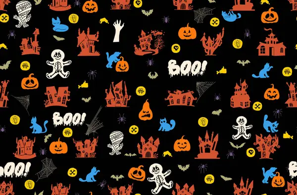 Kusursuz bir Cadılar Bayramı. Şablon Cadılar Bayramı partisi. Hayalet, kasvetli kale, balkabağı ve karanlık bir arka planda yarasa. Çizgi film renkli desen. Kusursuz desenli ürkütücü bayramın vektör çizimi.