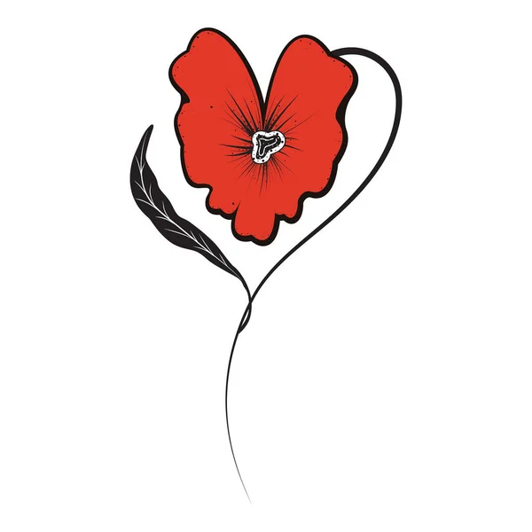 Kırmızı Çiçeğin Kalbi Haşhaş Sevgililer Günü Logo Dövme Vektörü — Stok Vektör