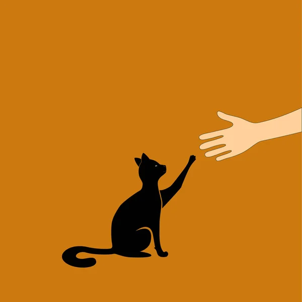 Cat Raising Paw Giving High Five Human Hand Owner Vector — Stock Vector