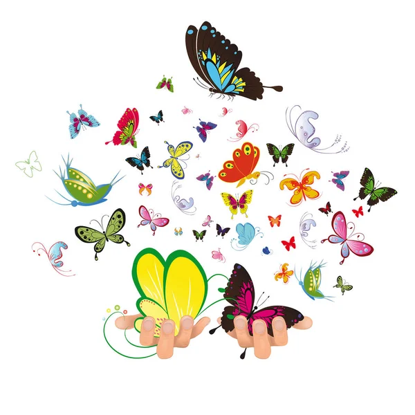 Hände Die Schmetterlinge Freilassen Vektorillustration — Stockvektor