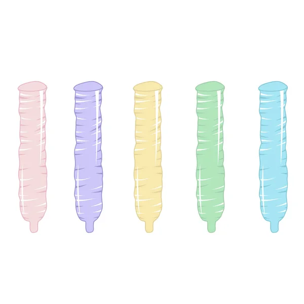 不同类型的避孕套 用于预防性传播疾病和意外怀孕的现实物品 乳胶物品 各种形式和颜色 病媒隔离装置 — 图库矢量图片