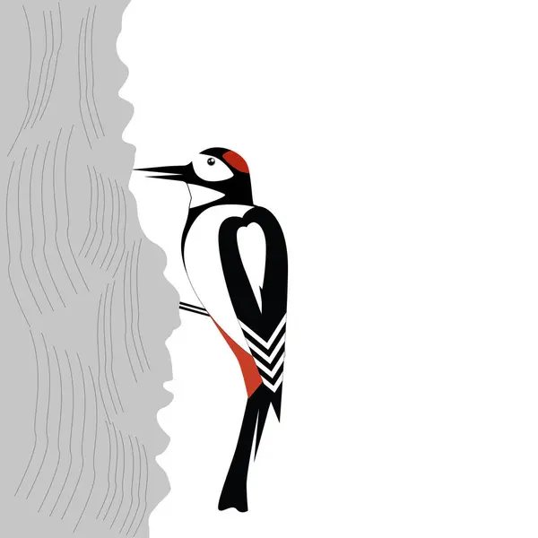 Forest Bird Woodpecker Sitting Tree Cute Woodland Animal Cartoon Vector — Stock Vector