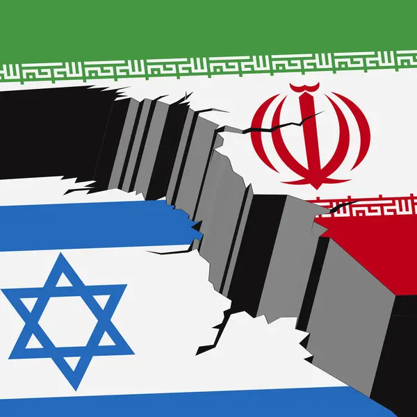 Banderas Israel Irán Textura Muro Hormigón Con Grietas Fondo Grunge — Vector de stock