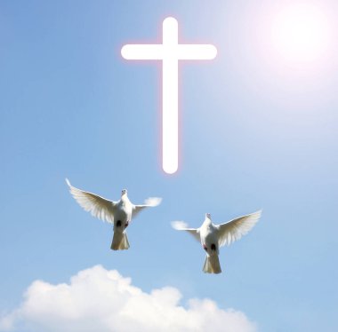 Güvercinler gökyüzünde uçar. Hıristiyanların Kutsal Ruh 'a inancı var. Siluet, Tanrı 'ya sevgiyle, inançla, ruhla ve İsa Mesih' le tapıyor. Hıristiyan barış için dua ediyor. Hıristiyanlıkta ibadet kavramı