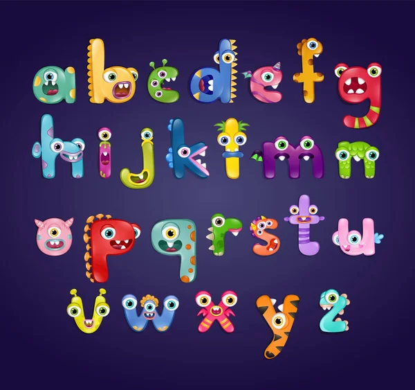 Monster Alphabet Small Letters Dark Blue Background Colourful Abc Different — Stock Vector