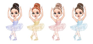set of cute little ballerinas with different hair and dress colours. High quality illustration