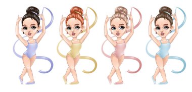 set of cute little gymnasts with different hair and clothes colours. Vector illustration