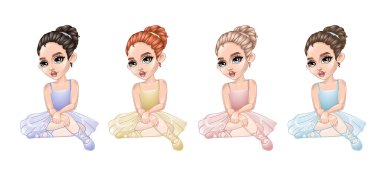 set of cute little ballerinas in sitting pose. High quality illustration