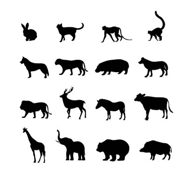 different animals silhouettes isolated. Outlined black animals without background. Vector illustration