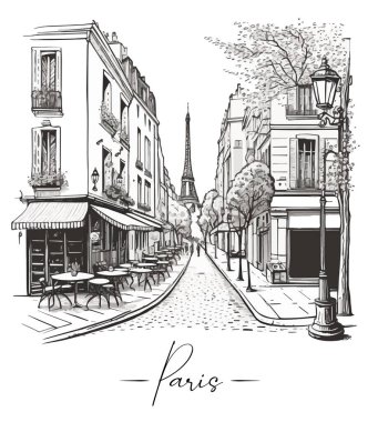 Paris towns street in sketch art style, outlined landscape. Vector illustration