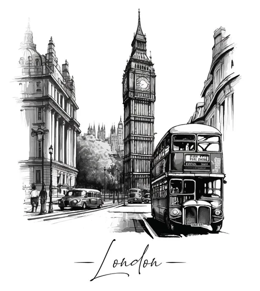 Лондонская Улица Сити Стиле Sketch Art Очерченный Пейзаж Векторная Иллюстрация — стоковый вектор