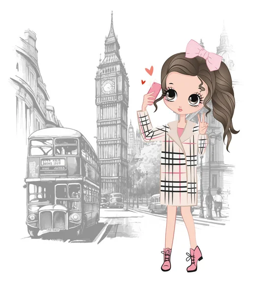 Hermosa Chica Dibujos Animados Londres Tomando Selfie Ilustración Vectorial — Vector de stock