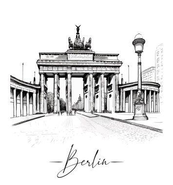 Berlin Citys caddesi eskiz sanatı tarzında, ana hatlarıyla. Vektör illüstrasyonu