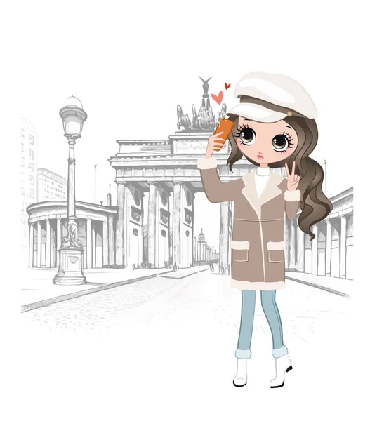 Hermosa Chica Dibujos Animados Berlín Tomando Selfie Ilustración Vectorial — Vector de stock