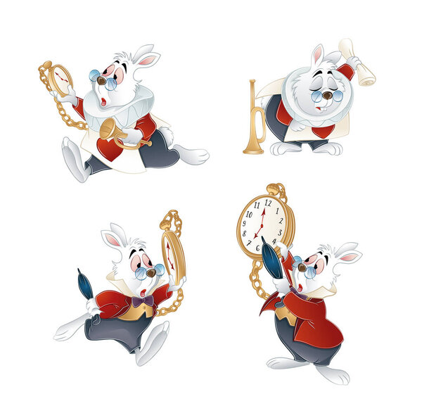 Кролик Страны Чудес с часами и коллекцией труб. Векторная иллюстрация
