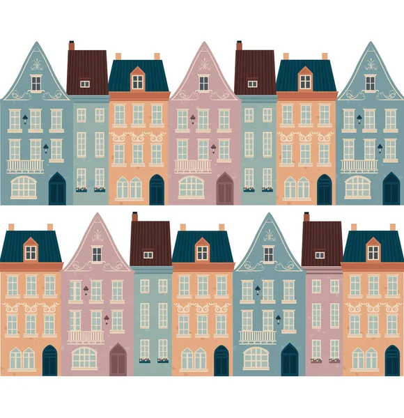 Cute Houses Set Pattern Town Architecture Pastel Colors Vector Illustration Stock Illustration