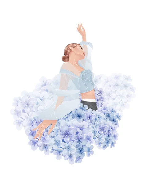 Όμορφη Ξανθιά Κοπέλα Ορτανσίες Μπλε Λουλούδια Εικονογράφηση Διανύσματος — Διανυσματικό Αρχείο