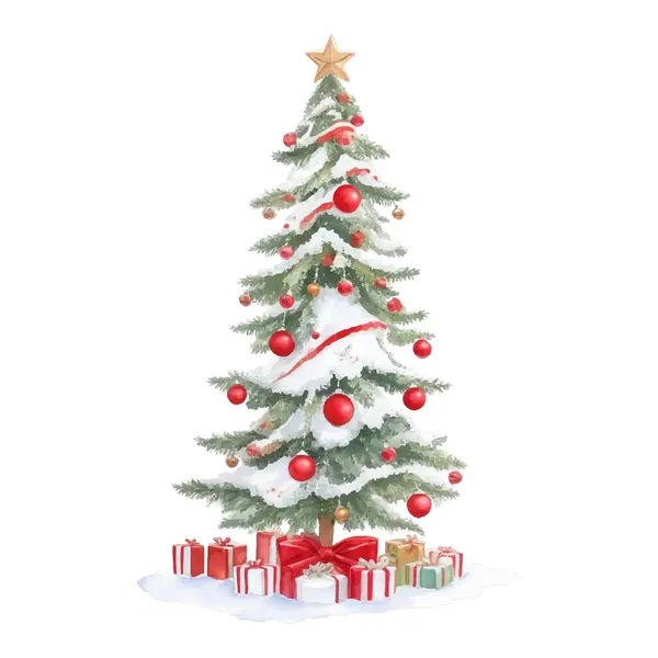 Suluboya Noel ağacı ve hediyeler. Vektör illüstrasyonu