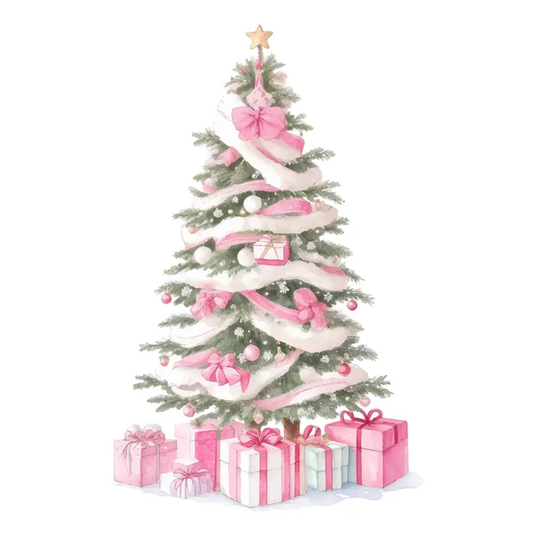 Watercolour Vintage Pink Christmas Fir Tree Presents Vector Illustration Stock Illustration