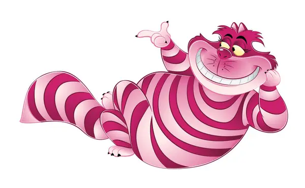 Cheshire kedisi yerde yatıyor ve dişleriyle gülümsüyor. Pembe renkli Harikalar Diyarı kedisi. Bölüm 2. Vektör illüstrasyonu