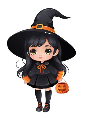 Küçük sevimli cadı. Cadılar Bayramı kıyafet partisi. Vektör illüstrasyonu