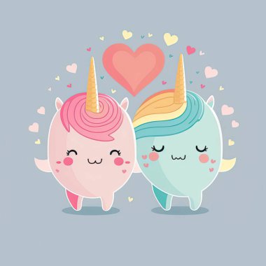 a couple of cute funny chibi unicorn in love, perfect illustration for valentine's day, cards, greetings, stickers and journals
