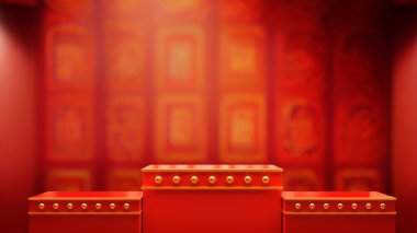pedestal for product showcase in the room with a Chinese pattern on the wall.