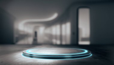 Ürün için metal kaidesi laboratuvar arka planında gösterilir.