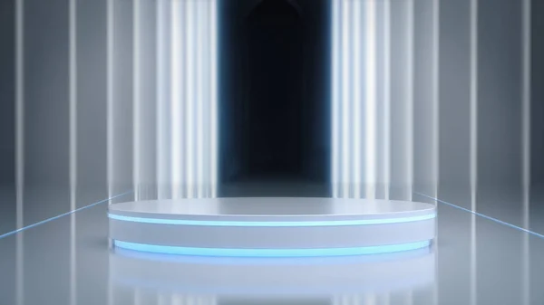 White futuristic pedestal with futuristic room background.