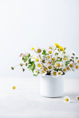 Yaz konsepti: Beyaz masada yabani papatya çiçekleri, seçici odak resmi