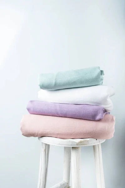Sewing Concept Linen Fabric Different Pastel Colors Selective Focus Image — Stock Photo, Image