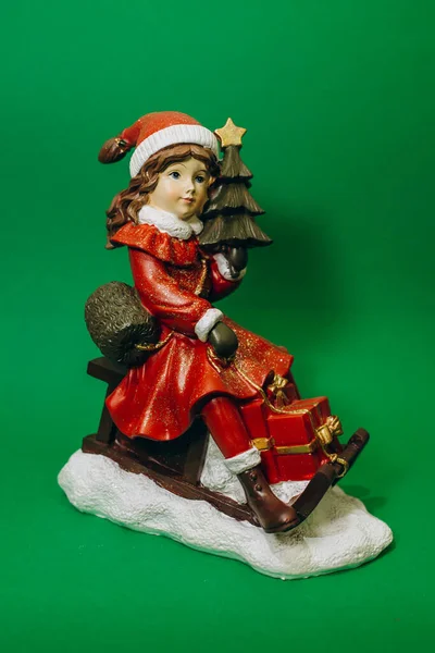 Magic Christmas Postcard Toy Girl Red Dress Sleigh Night — Stock Photo, Image