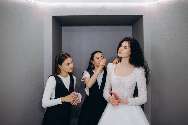 Female Making Adjustment Wedding Gown Fashion Designer Studio Bride Wearing — ストック写真