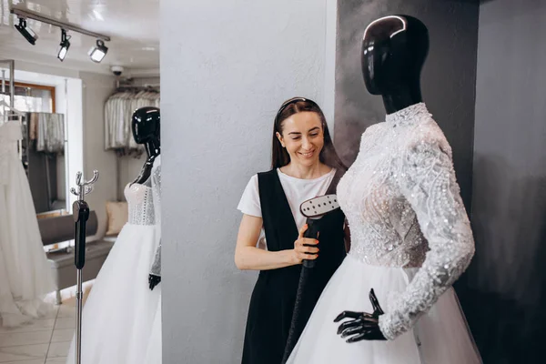 Dressmaker Owner Her Own Room Ironing Wedding Dress Wedding Dress — ストック写真