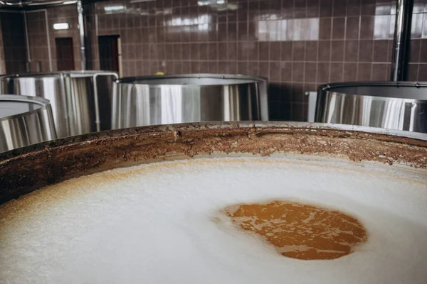 酿酒厂设备 酿造制造业 啤酒酵母发酵和成熟的圆形啤酒罐 — 图库照片
