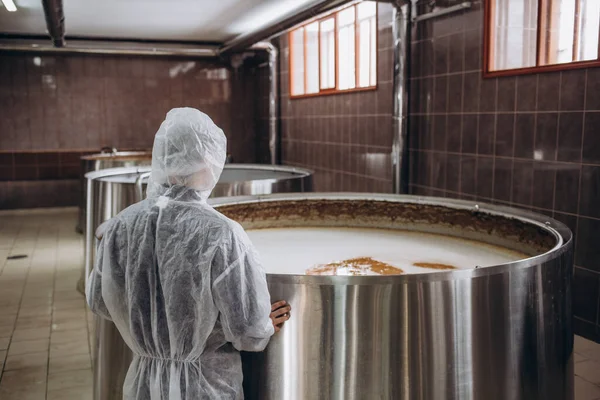 Bonito Cervejeiro Barbudo Controlando Processo Fermentação Cerveja Sua Fábrica Cerveja — Fotografia de Stock