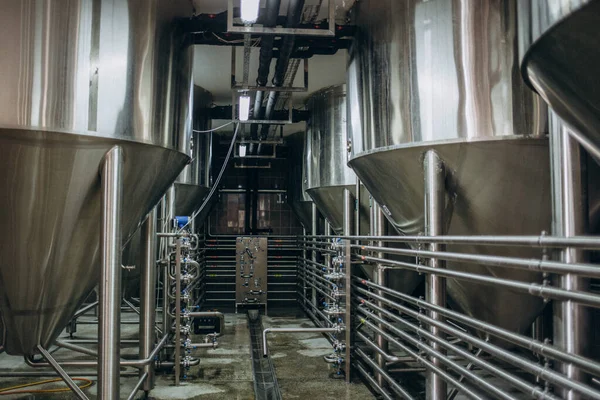 酿酒厂的一排排油箱 在酿酒厂的啤酒罐中发酵酿造啤酒 现代啤酒厂用于储存的大型钢罐 从上到下的相机视图 — 图库照片