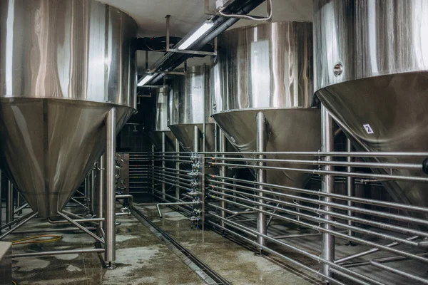 酿酒厂的一排排油箱 在酿酒厂的啤酒罐中发酵酿造啤酒 现代啤酒厂用于储存的大型钢罐 从上到下的相机视图 — 图库照片