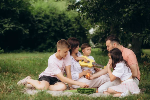 Fröhliche Familie Sitzt Auf Dem Rasen Während Eines Picknicks Park — Stockfoto