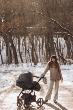 Beyaz önlüklü ve siyah şapkalı genç bir kadının silueti yürüme yolunda güneş altında zarif duruyor ve bebek arabasındaki çocuğa bakıyor güneşli kış parkında, çocuk bakımında ve aşkta.. 