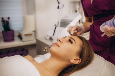 Spa salonunda kozmetik uzmanı müşterinin yüzüne maske takıyor. Yüksek kalite fotoğraf