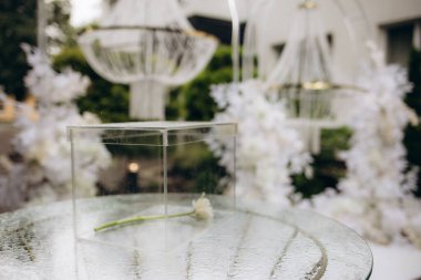 Düğün töreninde bağcıkları olan dekoratif kağıt sandık. Sembolik sandıkta hediye toplamak hoş bir gelenek. Düğün dışarıda parkta ayarlandı. Yüksek kalite fotoğraf