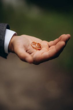 Damat alyansları elinde tutuyor. Düğün kutlaması için hazırlık. - Evet. Yüksek kalite fotoğraf