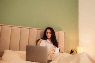 Yatakta dinlenirken dizüstü bilgisayar kullanan çekici genç bir kadın. Yüksek kalite fotoğraf