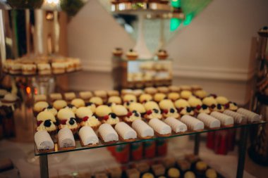 Lezzetli bir düğün. Şölen için çikolata. Kutlama konsepti. Modaya uygun tatlılar. Şekerli, şekerli bir masa. Meyveler. Yüksek kalite fotoğraf