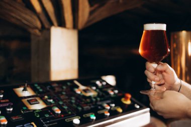 Gömlek ve bardak bira elinde tutan ve kalite, arka plan üzerinde modern bira iç inceleyerek önlük giyen konsantre orta yaşlı Müfettiş kontrol